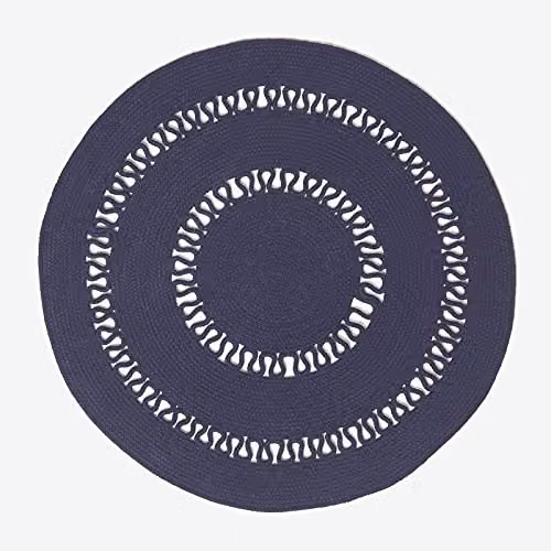 HOMESCAPES Navy Blue Round Crochet Rug, Handwoven Braided Cotton Mat, Diameter: 90 cm – 1