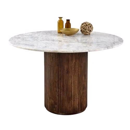 Indian Hub Opal Round Dining Table with White Marble Top and Mango Wood Base, W: 120 cm, D: 120 cm, H: 76 cm – 1