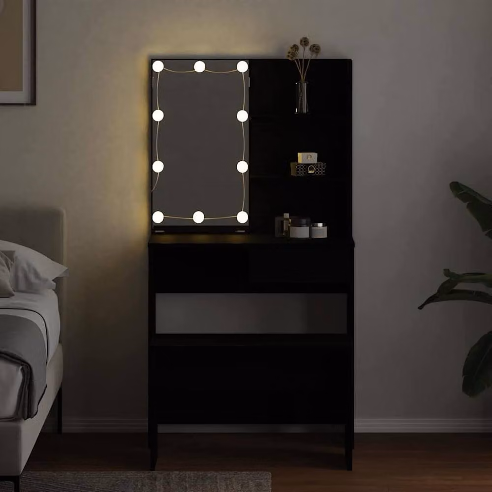 Berkfield Home Hollywood LED Dressing Table Set in Black Oak Matt Finish – 3