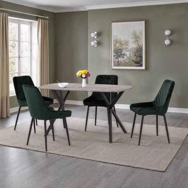Seconique Athens Rectangular Concrete Effect Dining Set with 4 Green Velvet Chairs – 2