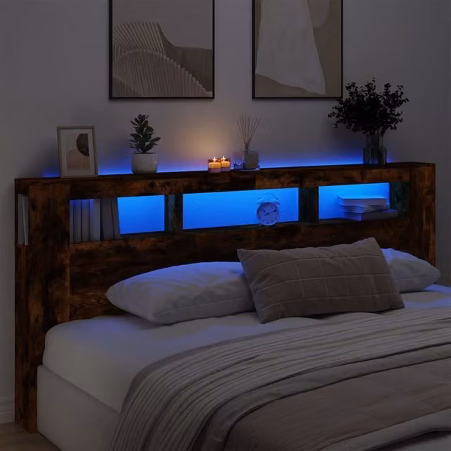 Berkfield Home Smoked Oak LED Headboard in Brown with Integrated Shelf and USB Charging Port, W: 220 cm, D: 18.5 cm, H: 103.5 cm – 1