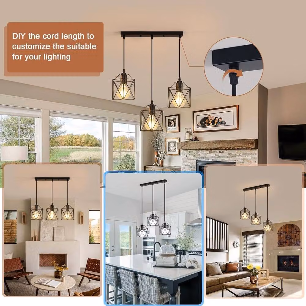 Goeco Industrial 3-Light Metal Pendant Light in Black with Adjustable Height and E27 Socket – 3
