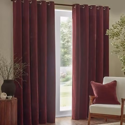 Riva Home Yard Red Chenille Velvet Eyelet Curtain Pair, H 229 cm x W 229 cm – 1