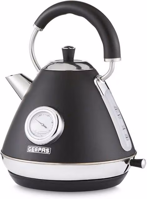 Geepas Retrovive 1.7L Stainless Steel Electric Kettle with Temperature Gauge and Auto Shut-Off, 2500W, Black