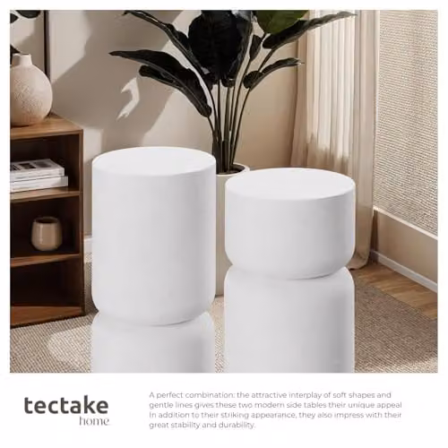 tectake Set of 2 Modern Chubby Design Side Tables in White Magnesium Oxide Composite, W/D/H: 28.0 x 28.0 x 54.5 cm – 3