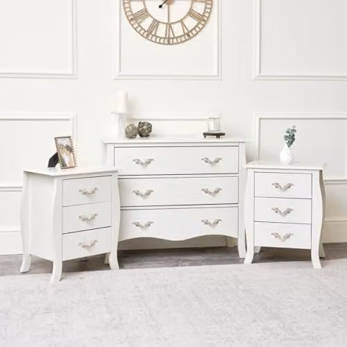 Melody Maison Elizabeth Ivory Range Large 3 Drawer Chest of Drawers and Pair of Bedside Tables in White and Gold