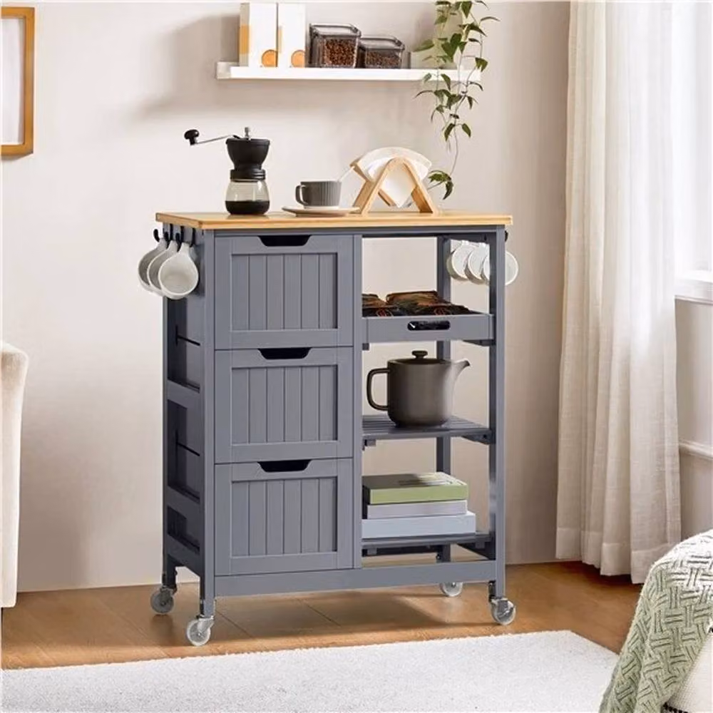 KORVIXA Rolling Kitchen Cart Island with 3 Shelves, Grey, W/D/H: 100 x 15 x 84.5 cm – 3