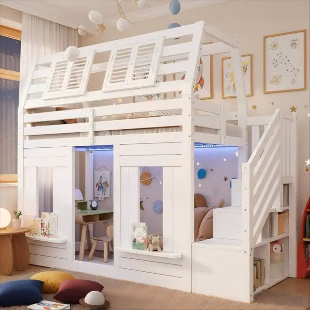 Merax Kids Treehouse Bunk Bed in White with Storage Stairs and LED Lighting, W/D/H: 190 x 90 x 120 cm – 1
