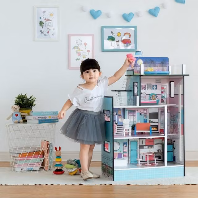 Teamson Kids Dreamland Barcelona Wooden Dollhouse with 10 Accessories in Turquoise, Black and Green
