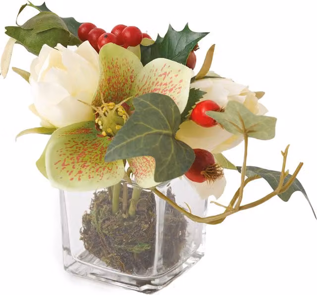 Bloom Artificial Fezziwig Small Rose Flower Arrangement in a White, Green and Red Glass Cube Vase