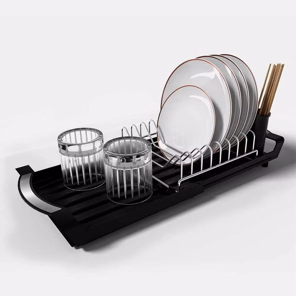 FLAVORA Black Expandable Small Dish Drying Rack with Cutlery Holder and Coated Steel Construction – 6