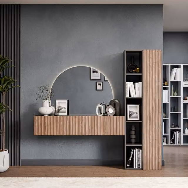 Decorotika Zurich Wall Mounted Modern Entertainment Center in Black with Alina Striped Pattern