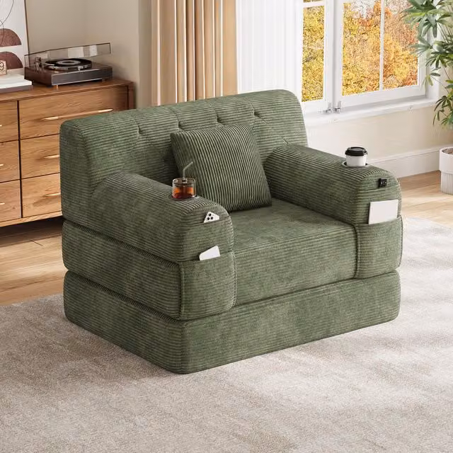 Aosom UK 1-Seater Convertible Chair Bed with Metal Frame and High-Density Foam, Green, W/D/H: 80 x 107 x 81 cm