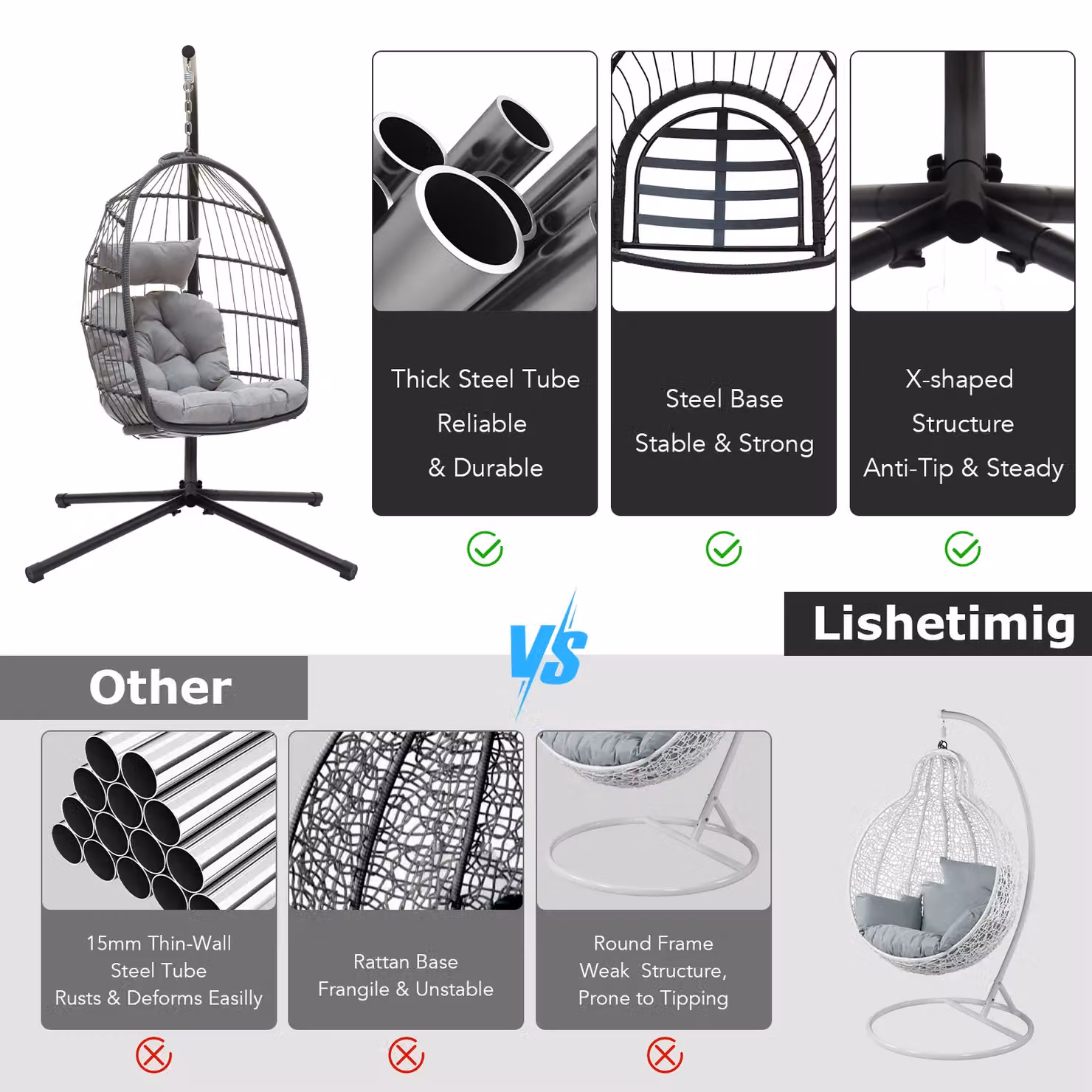 Leaper Foldable Hanging Egg Chair Swing Chair with Stand in Grey – 5