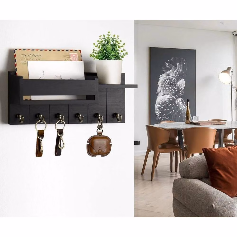 FLAVORA Black Wall Mounted Key and Letter Organiser Rack with Shelf and Hooks – 3