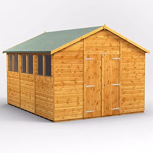 Powersheds Premium Apex Wooden Garden Shed in Natural Brown with Double Doors, 12mm Timber and Toughened Glass Windows – 1