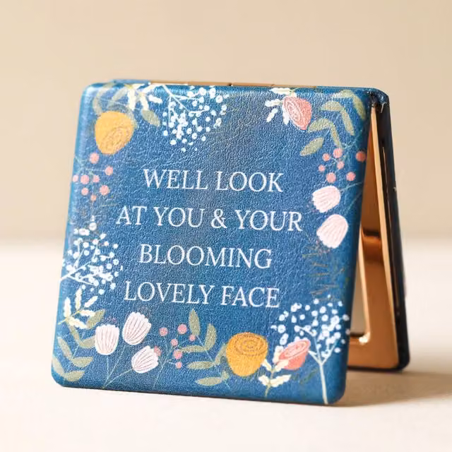 Lisa Angel Floral Blue Metal Tabletop Compact Mirror