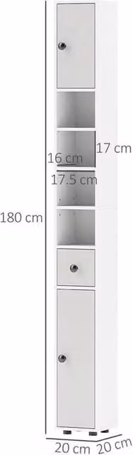 FORGEVIO Grey and White Tall Narrow Bathroom Storage Cabinet with Hinged Doors and Internal Shelves