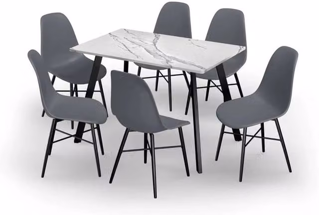 URBNLIVING Modern Dining Set with White Marble Rectangular Table and 6 Grey Tulip Chairs, W: 110 cm, H: 75 cm
