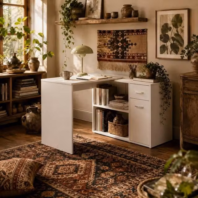 Wyld Haus Conono L Shaped Corner Desk in White Wood Grain with Single Pedestal Drawer