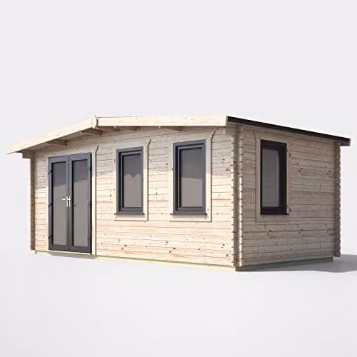 Powersheds Premium Apex Chalet Log Cabin in Natural Brown with Double Doors, Toughened Glass Windows and EPDM Rubber Roofing (Left Orientation Door) – 1