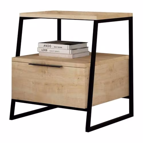 FWStyle Oak 1 Door Bedside Table with Open Shelf and Black Metal Frame in Brown – 3