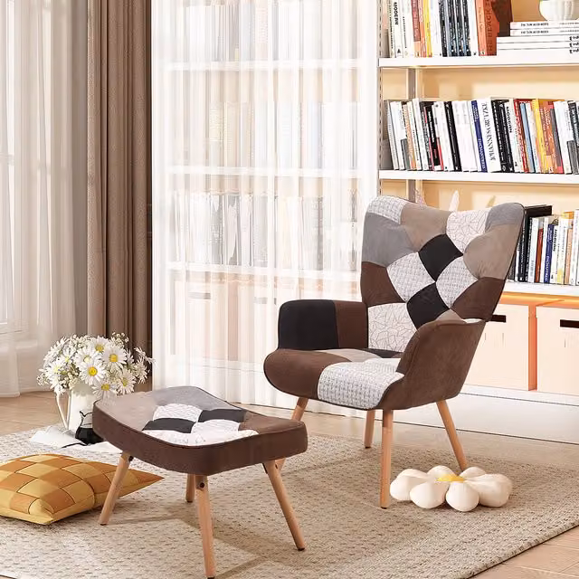 Livingandhome Multicoloured Geometric Upholstered Wingback Armchair with Integrated Ottoman and Armrests
