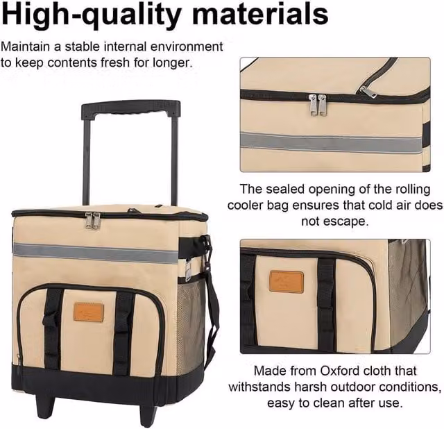 EONLION Beige 35L Portable Insulated Rolling Cooler Bag with Wheels – 1