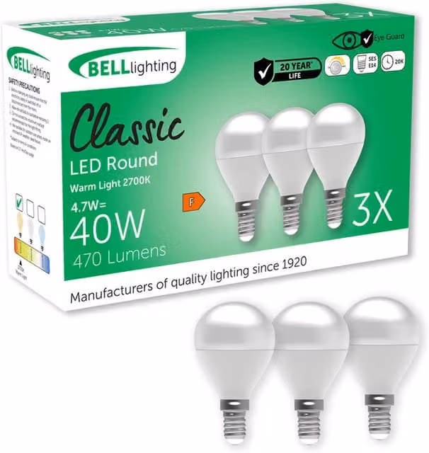 BELL Lighting E14 Dimmable LED Golf Ball Light Bulbs, Warm White 2700K, 4.7 W, Pack of 3