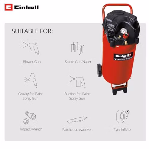 Einhell TC-AC 240/50/10 OF Red Oil-Free Air Compressor with 50L Tank, 1500W Motor and 10 Bar Pressure – 2