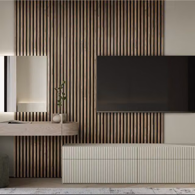 Fuse Acoustic Wooden Reeded Wall Panel in Walnut Effect, Brown, W: 0.6 m, H: 2.4 m