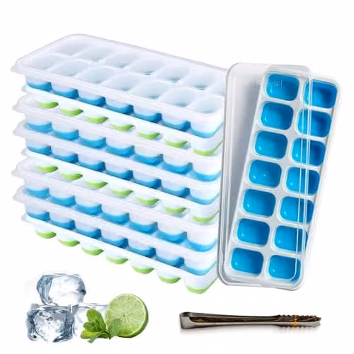 MANTRARAJ Pack of 3 Blue Silicone Ice Cube Trays with Non-Spill Lids and Ice Tong, 9-Compartment Stackable Moulds