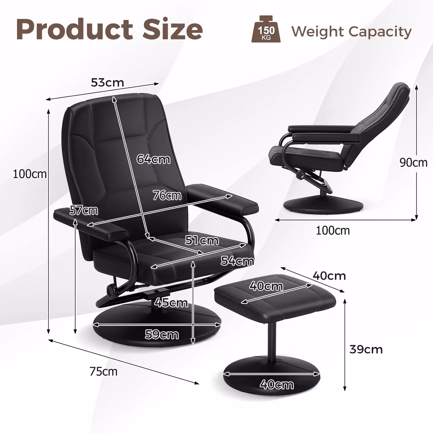 Costway 360 Degree Swivel Reclining Chair with Adjustable Backrest and Ottoman in Black Synthetic Leather – 2