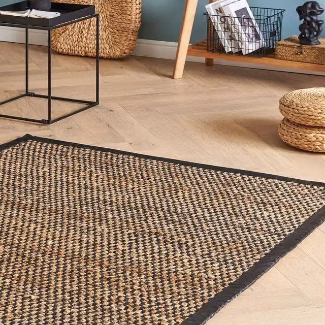 Wyld and Coco Handwoven Jute and Cotton Checkerboard Rug in Black and Beige, W: 140 cm, L: 200 cm
