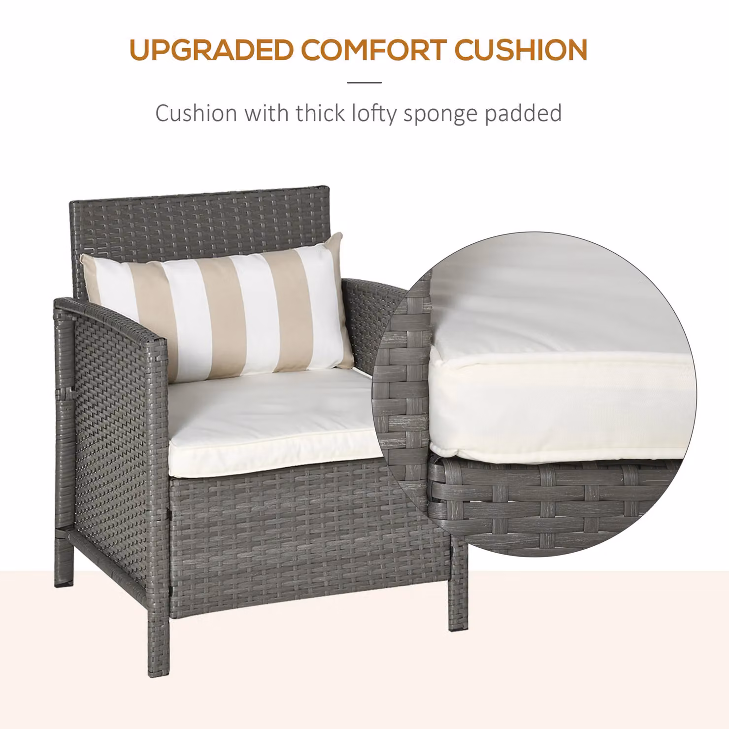 Outsunny 3 Piece Modern Rattan Outdoor Sofa Set with Lounge Armchairs, Coffee Table and Striped Cushions in Grey – 8