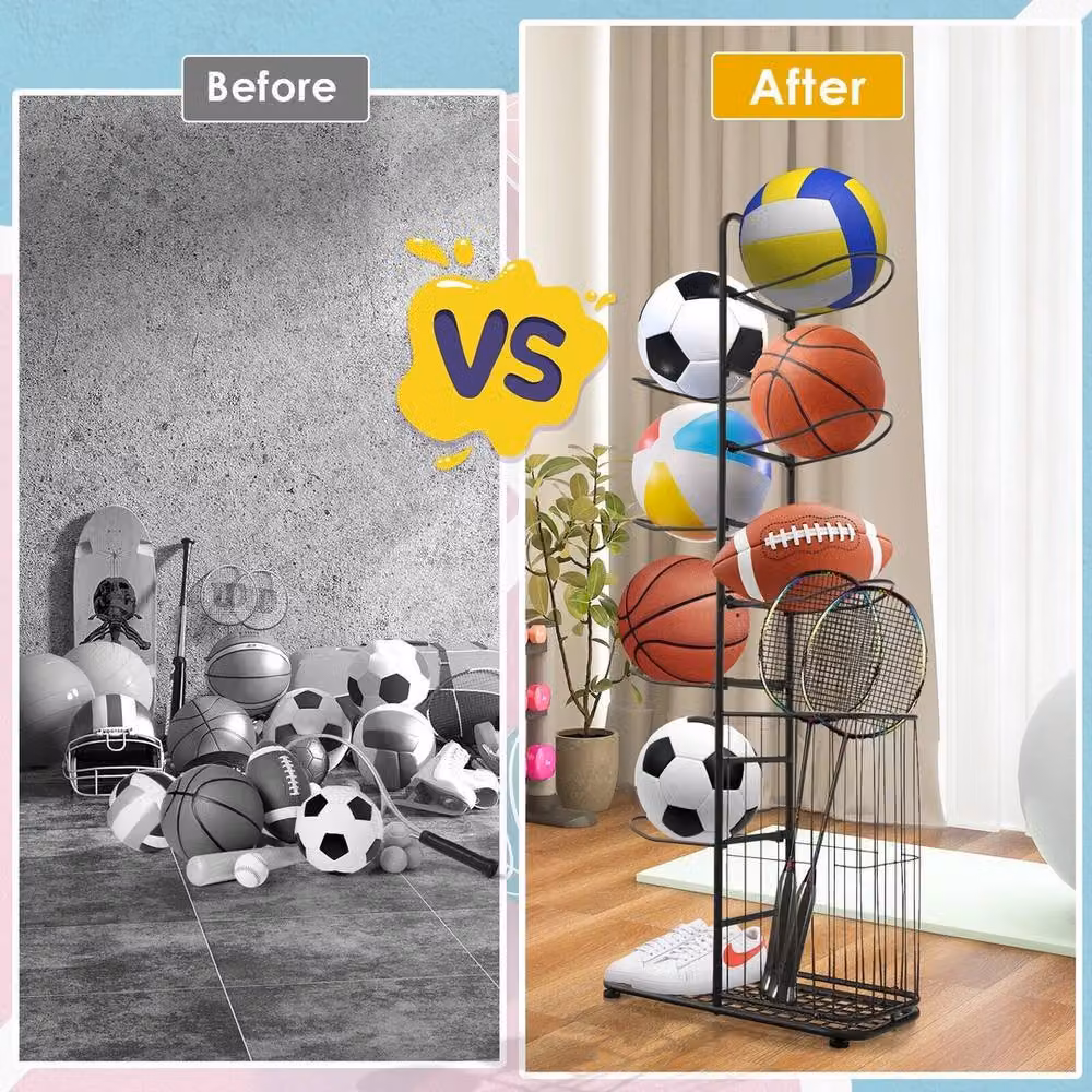 NESTLUNE 7-Tier Freestanding Metal Basketball Storage Rack in Black, W: 100 cm, D: 50 cm, H: 50 cm – 3