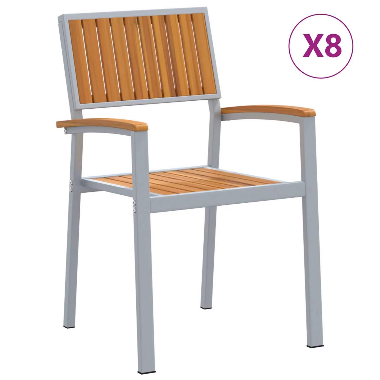 Berkfield Home Set of 8 Stacking Garden Chairs in Grey Steel and Acacia Wood – 2