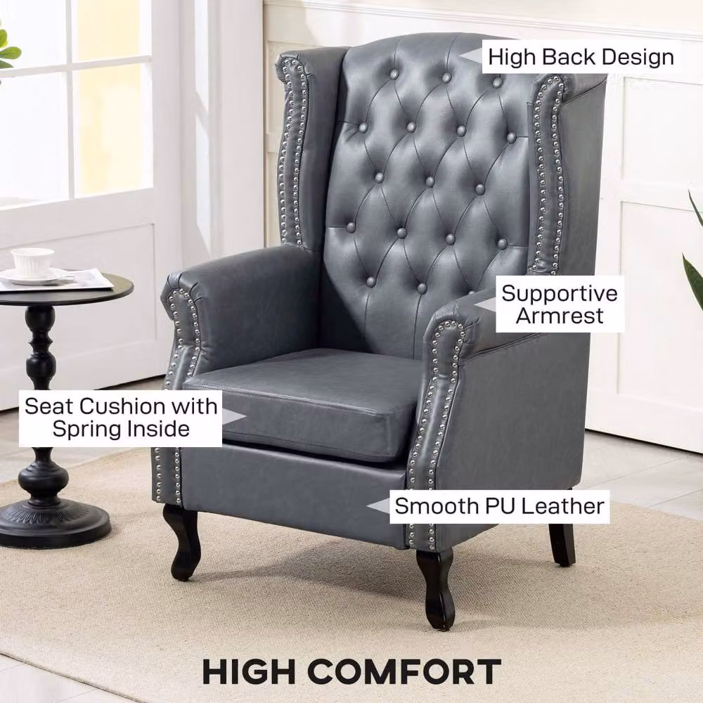 Wyld Haus Radima Grey Faux Leather Chesterfield Wingback Accent Armchair W/D/H: 70 x 70 x 108 cm – 3