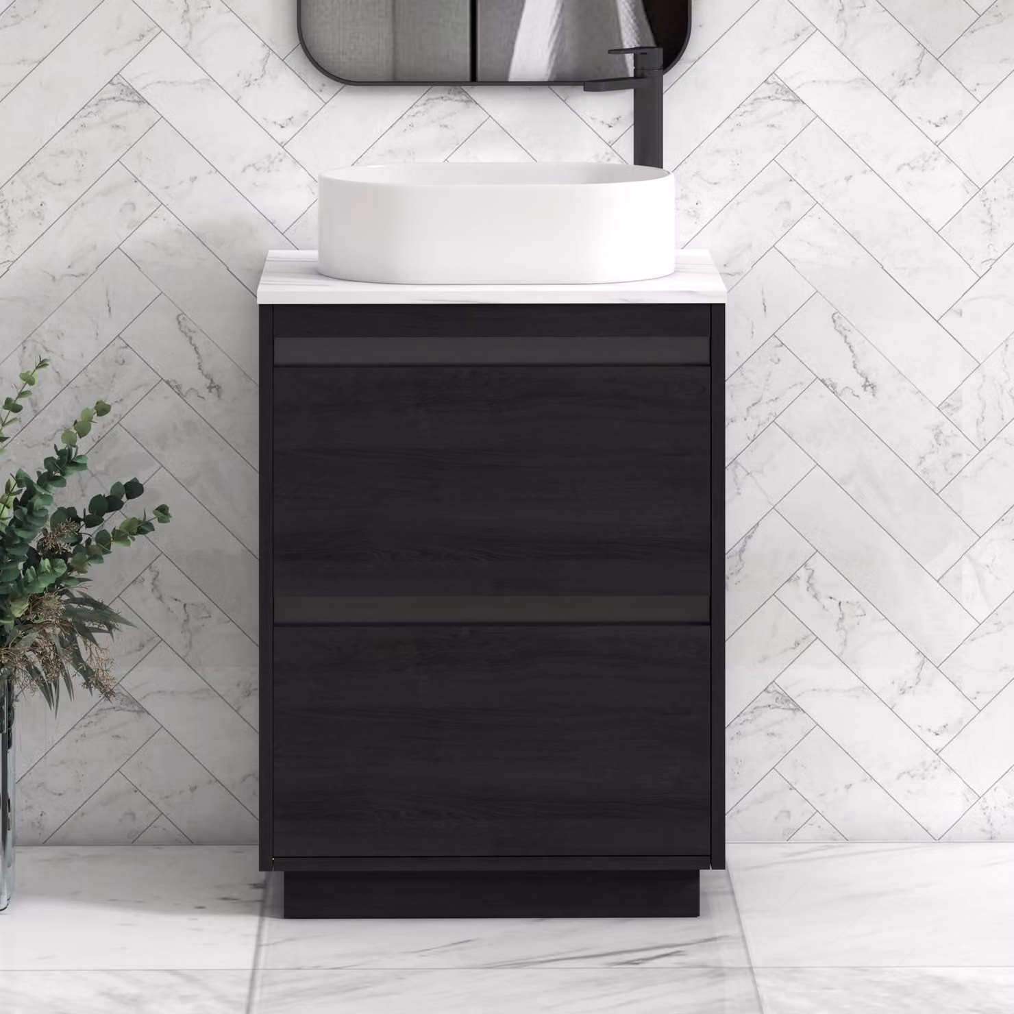 Royal Bathrooms Orion 600mm Hale Black Floor Standing Vanity Unit with Carrara White Countertop, 2 Drawers and Peak Basin