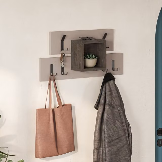 Decortie Modern Coat Hanger with 6 Hooks and 1 Open Shelf in Matt Grey