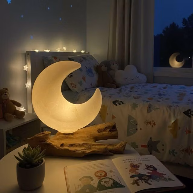 Serenityy DriftGlow Crackle Half Moon Tabletop Lamp in Grey and Off-White with LED Bulb