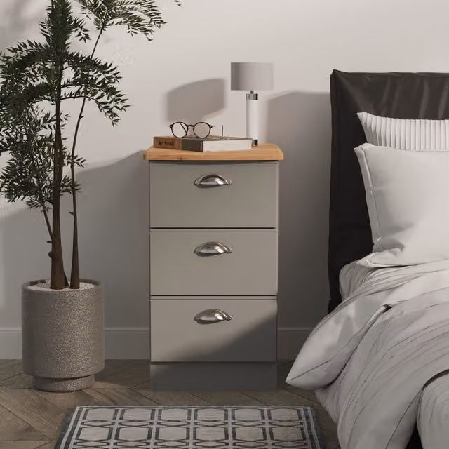Victoria Ready Assembled 3 Drawer Bedside Cabinet in Dusk Grey and Riviera Oak
