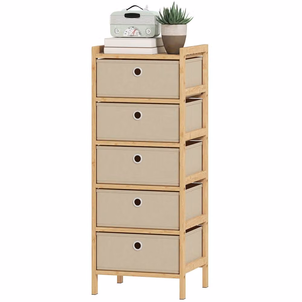 STILVORA 5 Drawer Chest of Drawers with Bamboo Frame in Beige – 4