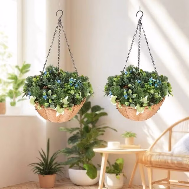 STILVORA Pack of 2 Hanging Planters with Mixed Green and Blue Faux Plants – 1