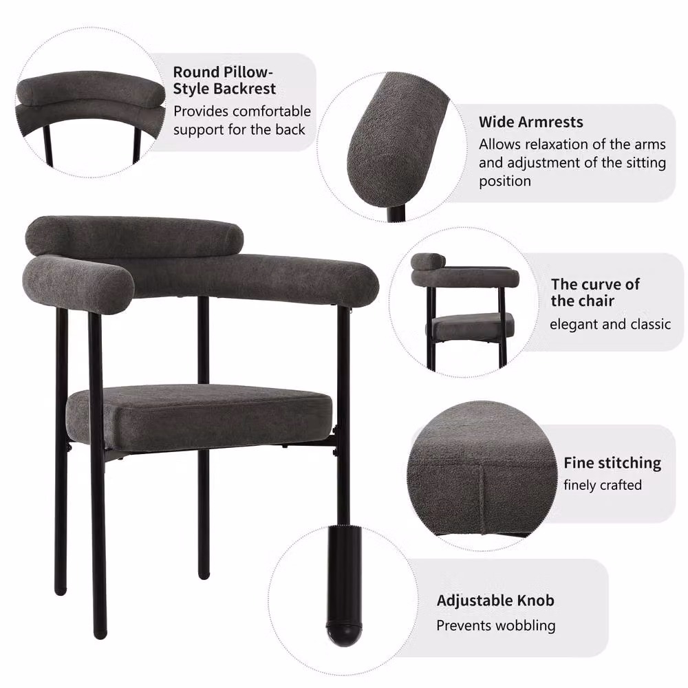 Modern Home Touch Set of 6 Grey Faux Suede Armrest Dining Chairs with Metal Legs – 3