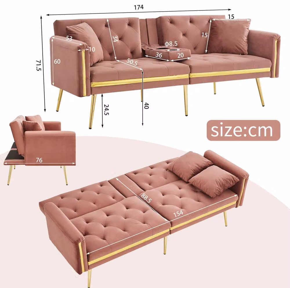 STILVORA 2-Seater Pink Velvet Click-Clack Sofa Bed with Gold Metal Frame and Cup Holders W: 174 cm, D: 76 cm, H: 71.5 cm – 2
