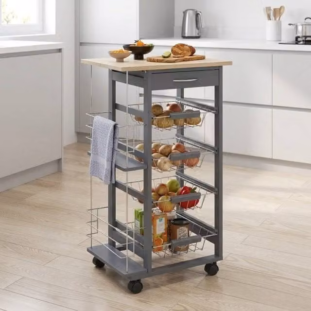 STILVORA Grey Freestanding Storage Cart with 4 Baskets and Side Racks – 1