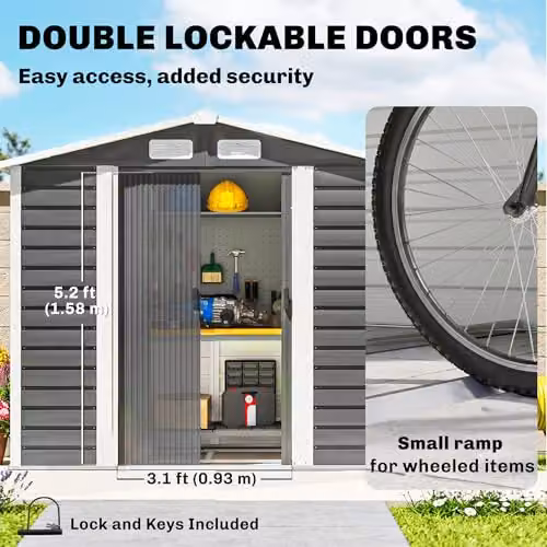 Outsunny Metal Garden Shed in Grey with Double Doors, Lock and Foundation Kit – 2