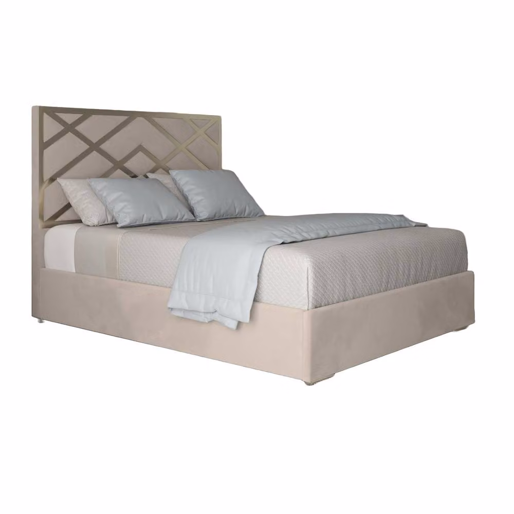 KDMD Wolferton Double Bed Frame in Beige Velvet and Metal, W/D/H: 140 x 200 x 135 cm – 2