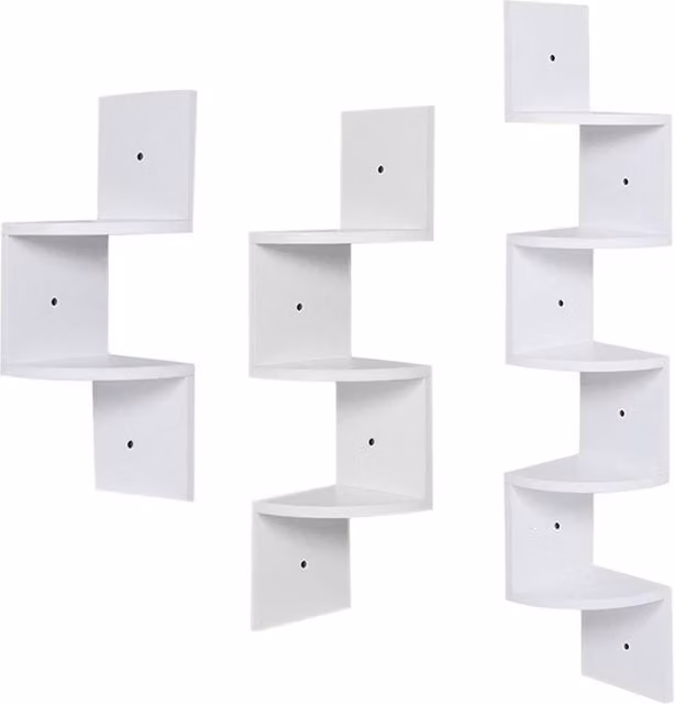 Garden Sanctuary 2-Tier White Wooden Zigzag Floating Corner Wall Mounted Shelves